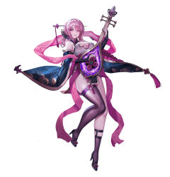 1girl absurdres bare_shoulders black_thighhighs breasts china_dress chinese_clothes cleavage dress full_body hair_ornament highres holding holding_instrument instrument light_blush light_smile liutiao medium_hair music open_mouth original pink_eyes pink_hair playing_instrument romance_of_the_three_kingdoms simple_background solo solo_focus thighhighs thighs white_background