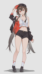 Rule 34 | 1girl, alternate costume, baseball cap, black footwear, black jacket, black shorts, brown hair, clenched teeth, crop top, flower-shaped pupils, full body, genshin impact, grey background, hat, highres, holding, holding clothes, holding hat, hu tao (genshin impact), jacket, long hair, looking at viewer, lycsakd, midriff, navel, off shoulder, open mouth, red eyes, red jacket, shirt, shoes, short shorts, shorts, simple background, socks, solo, stomach, symbol-shaped pupils, tank top, teeth, twintails, two-sided fabric, two-sided jacket, white shirt, white socks, white tank top