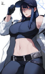 Rule 34 | 1girl, bare shoulders, baseball cap, belt, black belt, black gloves, black hair, black hat, black pants, black shirt, blue archive, blue eyes, bluecup, breasts, buckle, chest harness, closed mouth, coat, commentary, crop top, gloves, halo, hand up, harness, hat, highres, large breasts, long hair, long sleeves, looking at viewer, lower body, midriff, navel, no mask, off shoulder, open clothes, open coat, pants, saori (blue archive), shirt, signature, simple background, sleeveless, sleeveless shirt, snap-fit buckle, solo, standing, underbust, white background, white coat