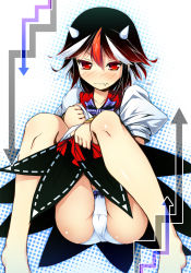 Rule 34 | 1girl, anger vein, arrow (symbol), black hair, blush, cameltoe, censored, chima q, clothes lift, embarrassed, hair ribbon, highres, horns, impossible spell card, kijin seija, multicolored hair, panties, red eyes, red hair, ribbon, short hair, skirt, skirt lift, touhou, underwear, upskirt, white hair