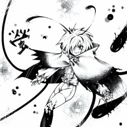 Rule 34 | 1girl, androgynous, antennae, cape, chaotic-unknown, chaoticunknown, dress shirt, female focus, greyscale, grin, monochrome, reverse trap, shirt, short hair, shorts, smile, solo, touhou, white background, wriggle nightbug