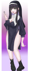 Rule 34 | 1girl, absurdres, black hair, blush, boots, breasts, cleavage, cross, cross necklace, ear piercing, earrings, forked tongue, green eyes, highres, jewelry, large breasts, long hair, looking at viewer, medium breasts, necklace, nun, original, piercing, purple hair, shiyo (shiy0 ), solo, tongue, tongue out, tongue piercing, veil
