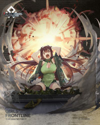 Rule 34 | 1girl, armpits, arms behind head, artist request, asymmetrical legwear, black gloves, black thighhighs, blush, breasts, brown eyes, brown hair, camouflage, camouflage jacket, character name, cleavage, copyright name, fire, full body, girls&#039; frontline, gloves, green shirt, green shorts, highres, jacket, large breasts, long hair, looking at viewer, mod3 (girls&#039; frontline), official art, on floor, open clothes, open jacket, open mouth, promotional art, shirt, shorts, simple background, smoke, solo, teardrop, thighhighs, torn clothes, torn jacket, torn shirt, type 56-1 (girls&#039; frontline), type 56-1 (mod3) (girls&#039; frontline), weapon case, wide sleeves