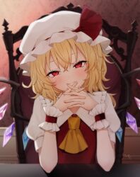 Rule 34 | 1girl, ascot, blonde hair, blush, closed mouth, collared shirt, crystal, flandre scarlet, hair between eyes, hat, highres, honotai, long hair, looking at viewer, mob cap, one side up, orange ascot, puffy short sleeves, puffy sleeves, red eyes, shirt, short sleeves, signature, smile, solo, touhou, upper body, white hat, white shirt, wings, wrist cuffs