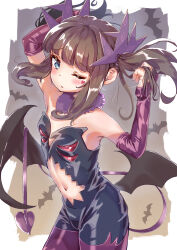 Rule 34 | 1girl, armpits, arms up, bare shoulders, bat (animal), bat wings, blue eyes, blunt bangs, blush, bodysuit, brown hair, center opening, closed mouth, clothing cutout, cowboy shot, demon girl, demon horns, demon tail, demon wings, detached collar, detached sleeves, elbow gloves, facial mark, fur collar, gloves, hair ornament, hand in own hair, heart, highres, holding, holding hair, horns, kurosu aroma, looking at viewer, low wings, navel, navel cutout, one eye closed, parted lips, pretty series, priority9, pripara, purple gloves, revealing clothes, sidelocks, solo, standing, stomach cutout, strapless, tail, twintails, wings