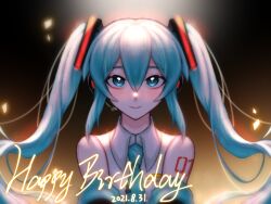 Rule 34 | 1girl, black sleeves, blue eyes, blue hair, blue necktie, blue trim, chinese commentary, closed mouth, commentary request, dated, detached sleeves, english text, hair between eyes, happy birthday, hatsune miku, long hair, looking at viewer, necktie, shirt, sleeveless, sleeveless shirt, smile, solo, tie clip, twintails, vocaloid, white shirt, xianyujunzhimiyingla