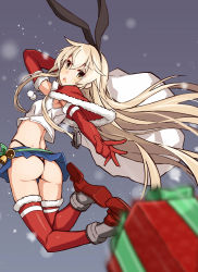 Rule 34 | 10s, 1girl, armpit peek, ass, bell, blonde hair, blurry, boots, box, capelet, christmas, crop top, depth of field, elbow gloves, full body, gift, gift box, gloves, highleg, highleg panties, highres, jumping, kantai collection, legs up, long hair, looking at viewer, microskirt, open mouth, outstretched arms, panties, red gloves, red thighhighs, sack, shimakaze (kancolle), skirt, solo, takanashie, thighhighs, underwear, yellow eyes
