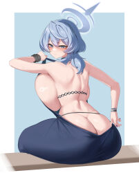 Rule 34 | 1girl, absurdres, ako (blue archive), ako (dress) (blue archive), ass, backless dress, backless outfit, blue archive, blue dress, blue eyes, blue hair, blush, bracelet, breasts, butt crack, cuffs, dimples of venus, dress, dress tug, fingernails, from behind, gigantic breasts, halo, highres, huge ass, jewelry, looking at viewer, looking back, median furrow, nail polish, shackles, shoulder blades, sideboob, sideless dress, simsim han-u, sitting, solo, sweatdrop, thick thighs, thighs