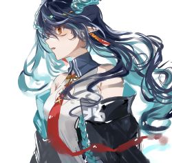 Rule 34 | 1girl, arknights, black jacket, blue hair, cleavage cutout, clothing cutout, colored inner hair, commentary, dragon horns, dusk (arknights), from side, gawako, highres, horns, jacket, light blue hair, long hair, multicolored hair, necktie, off shoulder, parted lips, pointy ears, red necktie, shirt, simple background, sleeveless, sleeveless shirt, solo, upper body, white background, white shirt