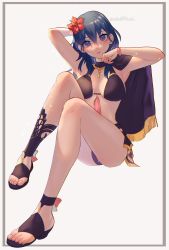 Rule 34 | 1girl, arm behind head, armpits, arms up, asymmetrical footwear, bikini, black bikini, blue hair, border, byleth (female) (fire emblem), byleth (female) (summer) (fire emblem), byleth (fire emblem), cape, commentary request, eyeshadow, fire emblem, fire emblem: three houses, fire emblem heroes, flower, full body, gold trim, grey background, hair between eyes, hair flower, hair ornament, hand to head, head tilt, highres, invisible chair, jewelry, legs, long hair, looking at viewer, makeup, mano (m1n0f2e1), necklace, nintendo, official alternate costume, panties, pantyshot, purple eyes, sandals, shadow, shiny skin, sidelocks, simple background, sitting, solo, swimsuit, thighs, toes, twitter username, underwear, uneven footwear, wristband