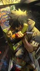 Rule 34 | 2boys, belt, black hair, black jacket, black pants, blood, blood on face, blood on hands, blood splatter, boku no hero academia, boots, broken glass, burn scar, cable, calling, coat, corpse, costume, dabi (boku no hero academia), evil smile, fire, glass, graffiti, holding, holding cable, holding phone, jacket, kadeart, male focus, multiple boys, murder, pants, payphone, phone, phone booth, pool of blood, reflection, scar, scar on arm, scar on face, scar on hand, scar on neck, shatter, shirt, short hair, smile, smirk, solo focus, spiked hair, stapled, stitches, talking on phone, trench coat, twitter username, white shirt