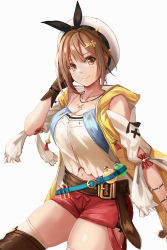 Rule 34 | 1girl, atelier (series), atelier ryza, atelier ryza 1, belt, blush, breasts, brown eyes, brown gloves, brown hair, brown thighhighs, cleavage, closed mouth, collarbone, gloves, hair ornament, hairclip, hat, highres, jewelry, looking at viewer, medium breasts, navel, necklace, red shorts, redpoke, reisalin stout, short hair, short shorts, shorts, simple background, single glove, smile, solo, star (symbol), thighhighs, thighs, white background, white hat, white thighhighs