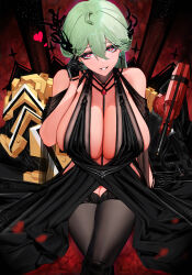 Rule 34 | 1girl, absurdres, ahoge, aqua hair, bare shoulders, black dress, black gloves, breasts, chinese commentary, cleavage, commentary, crossed legs, de lacey (neural cloud), dress, girls&#039; frontline, girls&#039; frontline neural cloud, gloves, hair between eyes, heart, highres, huge breasts, looking at viewer, mechanical tail, mole, mole under mouth, nznzn, revision, sitting, smile, solo, symbol-shaped pupils, tail, thighhighs