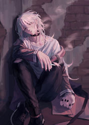 Rule 34 | 1boy, black choker, black footwear, black jacket, black nails, black pants, brick wall, choker, cigarette, collarbone, crossed ankles, earrings, egggg233333, fingernails, hair behind ear, hair between eyes, head tilt, highres, holding, holding cigarette, jacket, jewelry, kaida shion, long hair, long sleeves, looking at viewer, male focus, nail polish, necklace, off shoulder, open clothes, open jacket, open mouth, pants, paradox live, parted lips, red eyes, shirt, shoes, sidelocks, single earring, sitting, smoke, smoking, sneakers, solo, studded choker, torn clothes, torn pants, white hair, white shirt
