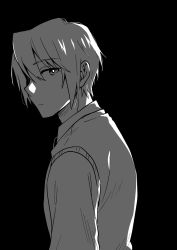 Rule 34 | 1boy, bishounen, closed mouth, commentary request, expressionless, from behind, greyscale, highres, koizumi itsuki, looking at viewer, looking back, male focus, monochrome, shirt, short hair, solo, suzumiya haruhi no yuuutsu, taiki (6240taiki), upper body, vest