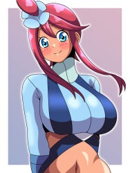 Rule 34 | 1girl, blue eyes, blush, breasts, creatures (company), crop top, game freak, grey background, highres, inabakun00, large breasts, long hair, long sleeves, looking at viewer, nintendo, pokemon, pokemon bw, red hair, skyla (pokemon), upper body