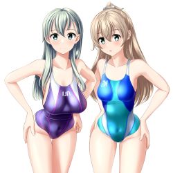 Rule 34 | 2girls, absurdres, blue one-piece swimsuit, clothes writing, competition swimsuit, cowboy shot, green eyes, hair ornament, hairclip, hands on own hips, highres, kantai collection, kumano (kancolle), leaning forward, long hair, looking at viewer, multicolored clothes, multicolored swimsuit, multiple girls, one-piece swimsuit, purple one-piece swimsuit, silver hair, simple background, suzuya (kancolle), swimsuit, takafumi, umbrella, white background