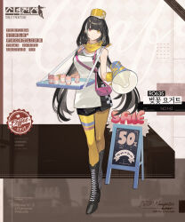 Rule 34 | 1girl, apron, bandana around neck, black hair, boots, cross-laced footwear, cup, disposable cup, english text, girls&#039; frontline, hat, heterochromia, highres, holding, holding megaphone, holding tray, lace-up boots, megaphone, miniskirt, official alternate costume, official art, pantyhose, red eyes, ro635 (girls&#039; frontline), ro635 (sakura milkshake) (girls&#039; frontline), skirt, tray, waitress, yellow eyes, yellow pantyhose