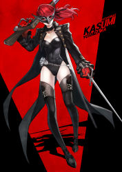 Rule 34 | 1girl, absurdres, ballet slippers, black choker, black footwear, black jacket, black leotard, black thighhighs, breasts, carnival mask, chain belt, choker, commentary, covered navel, dual wielding, english commentary, full body, gloves, gun, highres, holding, holding gun, holding sword, holding weapon, jacket, leotard, lips, long coat, long hair, long legs, mask, matching hair/eyes, monori rogue, persona, persona 5, persona 5 the royal, rapier, red eyes, red gloves, red hair, rifle, small breasts, solo, standing, strapless, strapless leotard, sword, thighhighs, trigger discipline, weapon, yoshizawa kasumi