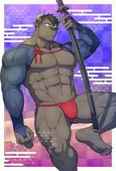 Rule 34 | 1boy, :/, abs, animal ears, bara, bare pectorals, black hair, brown fur, bulge, chinese zodiac, cow ears, cow horns, foot out of frame, fundoshi, furry, furry male, happy new year, head tilt, highres, holding, holding sword, holding weapon, horns, japanese clothes, katana, large pectorals, looking at viewer, male focus, male underwear, minotaur, muscular, muscular male, musou luf, navel, new year, no nipples, original, pectorals, red male underwear, sheath, sheathed, short hair, shrug (clothing), solo, sweatdrop, sword, thick thighs, thighs, weapon, year of the ox