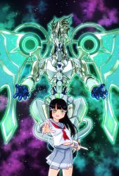 Rule 34 | 1girl, armor, black hair, blush, bow, commentary, crossover, dragon, duel disk, duel monster, goe (g-o-e), green eyes, hair ornament, hairclip, highres, kurosawa dia, long hair, love live!, love live! sunshine!!, metal wings, mole, mole under mouth, name connection, nebula, open mouth, red bow, school uniform, skirt, sky, solo, space, star (sky), starry sky, stellarknight constellar diamond, wings, yu-gi-oh!