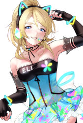Rule 34 | 1girl, animal ear headphones, armpits, ayase eli, back bow, bare shoulders, black choker, black gloves, blonde hair, blue dress, blue eyes, blue nails, bow, bracelet, cat ear headphones, character name, choker, collarbone, commentary, dress, elbow gloves, fake animal ears, fingerless gloves, gloves, grin, headphones, headset, highres, jewelry, kate iwana, looking at viewer, love live!, love live! school idol festival, love live! school idol project, nail polish, paw pose, ponytail, sidelocks, simple background, smile, solo, white background