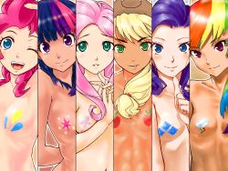 Rule 34 | 6+girls, abs, amagami, apple, applejack, aqua eyes, balloon, blonde hair, blue eyes, blush, breast tattoo, breasts, bug, butterfly, censored, cloud, completely nude, cowboy hat, curly hair, cutie mark, derivative work, diamond (shape), flat chest, fluttershy, food, fruit, green eyes, hat, highres, insect, looking at viewer, mitsu (prettychii), multicolored hair, multiple girls, my little pony, my little pony: equestria girls, my little pony: friendship is magic, nipples, novelty censor, nude, one eye closed, open mouth, parody, personification, pink hair, pinkie pie, ponytail, purple eyes, purple hair, rainbow, rainbow dash, rainbow hair, rarity (my little pony), small breasts, smile, sparkle, streaked hair, style parody, tareme, tattoo, third-party edit, tsurime, twilight sparkle, wink