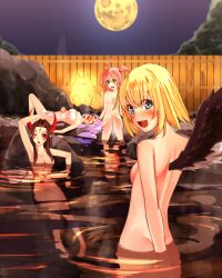Rule 34 | 4girls, :d, ahoge, arm up, armpits, bathing, blonde hair, blue eyes, blush, breasts, brown hair, caro (shironeko project), covering privates, demon girl, demon horns, eshiria (shironeko project), facial mark, feathered wings, fence, forehead mark, full moon, green eyes, horns, kisaragi (shironeko project), long hair, looking at viewer, marl (shironeko project), maru (shironeko project), medium breasts, moon, multicolored hair, multiple girls, naked towel, night, no pupils, nude, nude cover, onsen, open mouth, partially submerged, pink hair, pointy ears, purple hair, red eyes, ripples, shironeko project, small breasts, smile, steam, towel, two-tone hair, unier, wading, water, wings, wooden fence