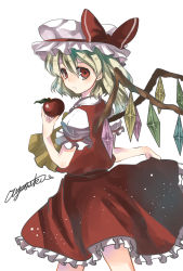 Rule 34 | 1girl, apple, asymmetrical hair, blonde hair, blouse, clothes lift, crystal, eyelashes, flandre scarlet, food, from behind, fruit, hair between eyes, hair ribbon, hat, highres, holding, holding food, holding fruit, looking at viewer, looking back, mob cap, parted lips, puffy short sleeves, puffy sleeves, red eyes, red shirt, red skirt, ribbon, shirt, short hair, short sleeves, side ponytail, signature, skirt, skirt lift, solo, tea assistant, touhou, wings