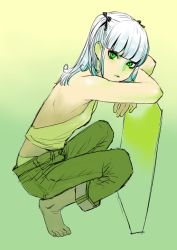 Rule 34 | 1girl, arm rest, bare arms, bare back, barefoot, blue hair, blunt bangs, breasts, denim, expressionless, from side, green eyes, green theme, hair ribbon, halterneck, jeans, leaning on object, light blue hair, limited palette, long hair, looking at viewer, original, pants, pants rolled up, peco (pockleberry), ribbon, sleeveless, small breasts, solo, squatting, twintails