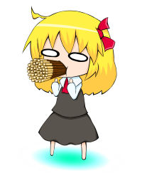 Rule 34 | 1girl, ascot, blonde hair, chibi, embodiment of scarlet devil, female focus, food, food in mouth, full mouth, hair ribbon, meme, mouth hold, natoubee, o o, pocky, ribbon, rumia, shirt, short hair, skirt, skirt set, solo, too many, touhou, vest
