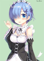 Rule 34 | 10s, 1girl, :d, bad id, bad pixiv id, black dress, blue eyes, blue hair, blush, breasts, circle name, commentary request, detached sleeves, dress, eyes visible through hair, frills, green background, hair ornament, hair over one eye, looking at viewer, maid, maid headdress, matching hair/eyes, open mouth, pinky out, re:zero kara hajimeru isekai seikatsu, rem (re:zero), ribbon, short hair, simple background, smile, solo, sousouman, upper body, x hair ornament