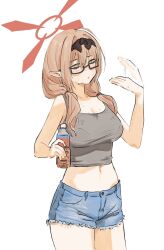 Rule 34 | 1girl, alternate costume, black hairband, blue archive, blush, bottle, breasts, brown hair, chinatsu (blue archive), cleavage, closed eyes, denim, denim shorts, fanning self, glasses, gomibako (gomibako price), grey tank top, hairband, halo, highres, holding, holding bottle, large breasts, long hair, low twintails, medium breasts, navel, pointy ears, shorts, simple background, solo, stomach, sweat, tank top, twintails