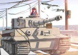 Rule 34 | 1girl, absurdres, bird, black shirt, blue archive, caterpillar tracks, collared shirt, commentary request, day, hair between eyes, hat, highres, iroha (blue archive), long hair, military, military uniform, military vehicle, motor vehicle, necktie, no halo, outdoors, panzerboy, peaked cap, red hair, red necktie, shirt, solo, tank, tiger i, uniform, upper body