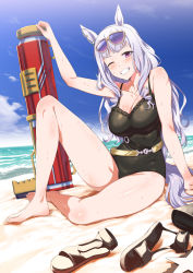 Rule 34 | 1girl, animal ears, bare legs, barefoot, beach, black one-piece swimsuit, blue sky, breasts, clenched teeth, cloud, collarbone, day, eyewear on head, gold ship (run revolt launcher) (umamusume), gold ship (umamusume), grey hair, horse ears, horse girl, horse tail, inu (aerodog), large breasts, legs, long hair, looking at viewer, ocean, one-piece swimsuit, one eye closed, outdoors, purple eyes, sandals, unworn sandals, sky, solo, summer, sunglasses, swimsuit, tail, teeth, thighs, toenails, toes, umamusume, water gun, wet