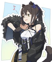 Rule 34 | 1girl, absurdres, animal ears, arknights, blue background, blue flower, brown hair, cowboy shot, drawdrawdeimos, eighth note, extra ears, feather boa, flower, freckles, hand up, highres, jacket, long hair, multicolored hair, musical note, off shoulder, official alternate costume, open clothes, open jacket, open mouth, outline, ponytail, raccoon ears, raccoon girl, raccoon tail, robin (arknights), robin (gift of wild) (arknights), shirt, simple background, skirt, solo, streaked hair, tail, white background, white hair, white outline, white shirt, yellow eyes, yellow skirt