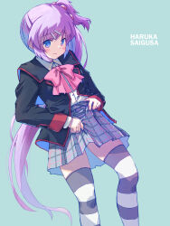 Rule 34 | 1girl, akayama yukihe, aqua background, black jacket, blazer, blue eyes, blush, bow, character name, closed mouth, collared shirt, commentary, feet out of frame, frown, grey skirt, hair bobbles, hair ornament, hairclip, highres, jacket, little busters!, little busters! school uniform, long hair, looking at viewer, miniskirt, one side up, open clothes, open jacket, pink bow, plaid, plaid skirt, pleated skirt, purple hair, saigusa haruka, school uniform, shirt, side ponytail, sidelighting, simple background, skirt, skirt hold, solo, standing, straight hair, striped clothes, striped thighhighs, thighhighs, thighs, very long hair, white shirt, zettai ryouiki