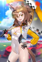Rule 34 | 1girl, absurdres, alternate costume, animal ears, black gloves, blurry, blurry background, braid, breasts, car, cleavage, gloves, hand on own hip, highres, holding, holding umbrella, horse ears, horse girl, horse tail, jungle pocket (umamusume), leotard, medium breasts, motor vehicle, navel, open mouth, race queen, standing, tail, thighs, ugohato, umamusume, umbrella, white leotard, yellow eyes