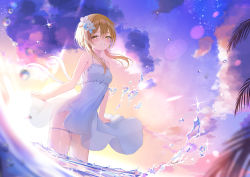 Rule 34 | 1girl, :d, akie (44265104), alternate costume, backlighting, bare arms, bare shoulders, blonde hair, blue sky, blush, cowboy shot, dress, flower, frilled dress, frills, genshin impact, gradient sky, hair flower, hair ornament, lens flare, looking at viewer, lumine (genshin impact), open mouth, panties, parted lips, see-through, short hair with long locks, side-tie panties, sidelocks, skirt hold, sky, sleeveless, sleeveless dress, smile, solo, splashing, sundress, thigh strap, underwear, wading, water, water drop, white dress, white flower, yellow eyes, yellow sky