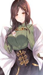 Rule 34 | 1girl, black skirt, breasts, brown eyes, brown hair, closed mouth, commentary request, green shirt, hair ornament, high-waist skirt, highres, kinona, light smile, long hair, long sleeves, medium breasts, nijisanji, parted bangs, ribbed shirt, shawl, shirayuki tomoe, shirt, simple background, skirt, sleeves past wrists, solo, virtual youtuber, white background