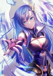 Rule 34 | 1girl, blue eyes, blue hair, breasts, cleavage, closed mouth, fingerless gloves, gloves, hair ornament, long hair, looking at viewer, maria traydor, medium breasts, simple background, smile, solo, star ocean, star ocean anamnesis, star ocean till the end of time, wings