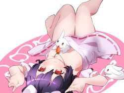 Rule 34 | 1girl, :3, \||/, animal ears, bad feet, bad hands, bad perspective, bare legs, barefoot, black hair, breasts, carrot necklace, chikuzen1996, dress, foot out of frame, hands up, highres, inaba tewi, jewelry, knees up, legs up, lying, necklace, on back, pink dress, puffy short sleeves, puffy sleeves, rabbit, rabbit ears, rabbit pose, red eyes, short hair, short sleeves, simple background, small breasts, solo, touhou, upside-down