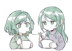 Rule 34 | 2girls, akni, bang dream!, bow, bowl, braid, chopsticks, commentary request, food, green eyes, green hair, green sweater, grey sweater, hair bow, hikawa hina, hikawa sayo, holding, holding bowl, holding chopsticks, imminent kiss, incest, looking at another, lowres, multiple girls, multiple hair bows, noodles, ramen, siblings, sisters, sweater, twin braids, twincest, twins, yuri