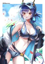 Rule 34 | 1girl, 8931ponzu, arknights, armpits, bare shoulders, baseball cap, belt, bikini, black jacket, blue bikini, blue hair, breasts, ch&#039;en (arknights), ch&#039;en the holungday (arknights), ch&#039;en the holungday (elite ii) (arknights), cleavage, collarbone, cowboy shot, dragon horns, elite ii (arknights), eyewear on headwear, folded ponytail, front-tie bikini top, front-tie top, halterneck, hat, highleg, highleg bikini, horns, horns through headwear, jacket, large breasts, long hair, long sleeves, looking at viewer, micro shorts, multi-strapped bikini, navel, off shoulder, open clothes, open fly, open jacket, open mouth, puffy sleeves, red eyes, shorts, skindentation, solo, stomach, string bikini, sunglasses, swimsuit, tail, thighs, wet, white-framed eyewear, white hat, white shorts
