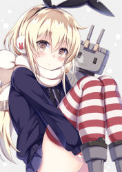 Rule 34 | 10s, 1girl, :3, adapted costume, animal print, ass, bad id, bad pixiv id, black bow, black ribbon, blonde hair, blush, bow, cardigan, earmuffs, eyebrows, hair between eyes, hair bow, hairband, kantai collection, long hair, long sleeves, looking at viewer, miniskirt, mittens, pleated skirt, rabbit print, rensouhou-chan, ribbon, scarf, shimakaze (kancolle), sitting, skirt, striped clothes, striped thighhighs, thighhighs, upskirt, white scarf, winter clothes, yuzu-aki