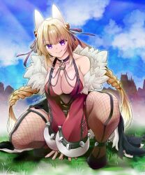 Rule 34 | 1girl, animal ears, bell, black footwear, blonde hair, blue sky, braid, breasts, cleavage, closed mouth, cloud, commentary request, dated, day, detached sleeves, fishnet pantyhose, fishnets, fox ears, full body, fur-trimmed sleeves, fur trim, grass, hair bell, hair intakes, hair ornament, hair ribbon, highres, jingle bell, large breasts, long hair, looking at viewer, low twin braids, miniskirt, official alternate costume, outdoors, pantyhose, purple eyes, purple ribbon, ragnarok online, red skirt, red sleeves, red sports bra, ribbon, shadow chaser (ragnarok online), shoes, signature, skirt, sky, smile, solo, sports bra, squatting, takaha momo, twin braids, very long hair