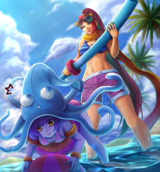 Rule 34 | 2girls, alternate costume, ball, beachball, bikini, bikini top only, colored skin, fiora (league of legends), hat, highres, league of legends, long hair, lulu (league of legends), midriff, multiple girls, navel, oldlim, palm tree, pool party fiora, pool party lulu, purple skin, shorts, squid hat, swimsuit, tree, very long hair, water, yellow eyes