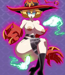 Rule 34 | 1girl, blonde hair, blue eyes, boots, breasts, cape, digimon, disembodied penis, facial mark, fangs, hat, high collar, high heel boots, high heels, highres, magic, monster girl, nipples, penis, pussy, sex, tattoo, vaginal, witch, witch hat, witchmon