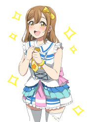Rule 34 | 1girl, :d, absurdres, anchor symbol, back bow, bow, brown eyes, brown hair, clenched hands, earrings, frilled skirt, frills, hair bow, hands up, heart, heart earrings, highres, jewelry, kimi no kokoro wa kagayaiteru kai?, kunikida hanamaru, long hair, looking at viewer, love live!, love live! sunshine!!, multicolored clothes, multicolored skirt, necktie, open mouth, own hands together, pink bow, scrunchie, simple background, skirt, smile, solo, sparkle, thighhighs, vorupi, white background, white thighhighs, wrist scrunchie, wristband, yellow bow, yellow necktie, yellow scrunchie