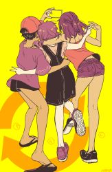 Rule 34 | 10s, 3girls, arm around shoulder, arm around waist, arrow (projectile), baseball cap, black hair, brown hair, cellphone, dark-skinned female, dark skin, dress, from behind, full body, genderswap, genderswap (mtf), girl sandwich, half updo, hat, ji guang-hong, leo de la iglesia, limited palette, multiple girls, overall skirt, overalls, phichit chulanont, phone, pinafore dress, sandals, sandwiched, selfie, shoes, short hair, short twintails, shorts, signature, simple background, sleeveless dress, smartphone, smile, sneakers, taking picture, tank top, twintails, undershirt, v, yellow background, yukataro, yuri!!! on ice